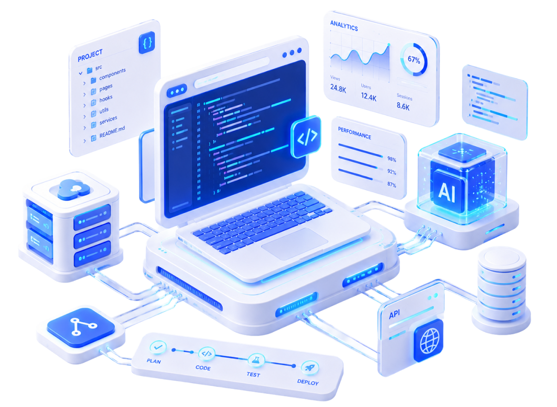 코드 에디터, 분석 대시보드, AI, 서버, API, 데이터베이스가 연결된 R&D 기술 스택 일러스트